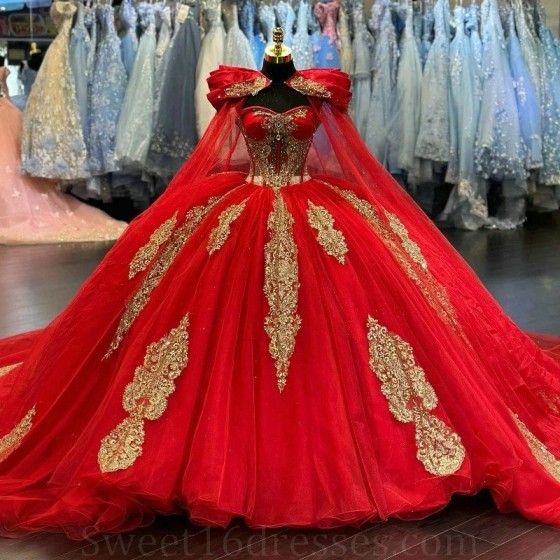 Off Shoulder Red Quinceanera Dress Princess Gold Applique Beads With Cape Prom Ball Gown Sweet 16 XV Years Old