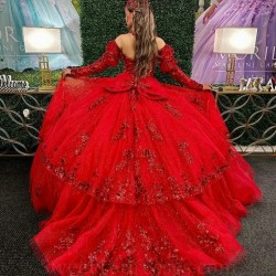 Off Shoulder Red Quinceanera Dress Ruffles Appliques Lace Beads Sweep Train Ball Gown Sweet 16 Vestidos De Fiesta