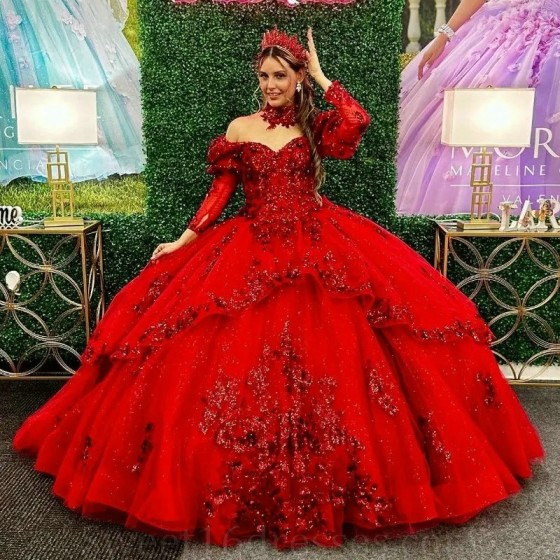 Off Shoulder Red Quinceanera Dress Ruffles Appliques Lace Beads Sweep Train Ball Gown Sweet 16 Vestidos De Fiesta