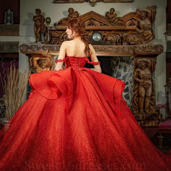 Off Shoulder Red Sequined Lace Quinceanera Dresses Appliques Puffy Ruffles Cathedral Train Beads Prom vestido 15