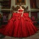 Off Shoulder Red Sequined Lace Quinceanera Dresses Appliques Puffy Ruffles Cathedral Train Beads Prom vestido 15