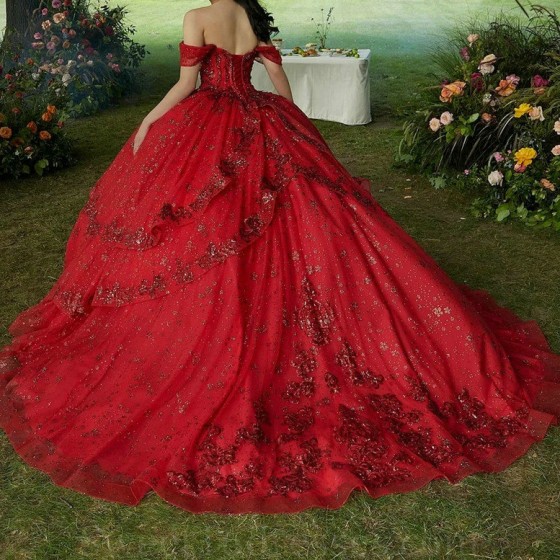 Off Shoulder Red Shiny Princess Ball Gown Quinceanera Dresses Beaded Appliques Crystals Sweet 16 Prom Party Gown Vestido De 15