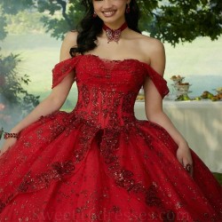 Off Shoulder Red Shiny Princess Ball Gown Quinceanera Dresses Beaded Appliques Crystals Sweet 16 Prom Party Gown Vestido De 15