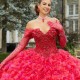 Off Shoulder Red Shiny Quinceanera Dress Princess Applique Beads Tiered Prom Ball Gown Sweet 16 XV Years Old Miss Birthday