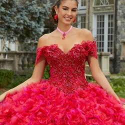 Off Shoulder Red Shiny Quinceanera Dress Princess Applique Beads Tiered Prom Ball Gown Sweet 16 XV Years Old Miss Birthday