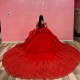 Off Shoulder Red Sparkly Sequined Lace Quinceanera Dresses Appliques Beads Ruffles cathedral train Crystal prom vestido 15