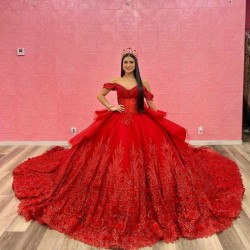 Off Shoulder Red Sparkly Sequined Lace Quinceanera Dresses Appliques Beads Ruffles cathedral train Crystal prom vestido 15