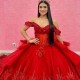 Off Shoulder Red Sparkly Sequined Lace Quinceanera Dresses Appliques Beads Ruffles cathedral train Crystal prom vestido 15