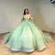 Off Shoulder Sage Green Quinceanera Dresses Ball Gown Applique Lace Beads Puffy Sweet 16 Dress Celebrity Party Gowns