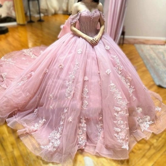 Off Shoulder Short Sleeves Floral Applique Lace Beads Pink Quinceanera Dress Puffy Skirt Quinceanera Vestidos De 15 anos