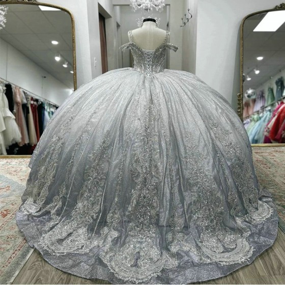 Off Shoulder Silvery Quinceanera Dresses Ball Gown Classic Applique Lace Beads Crystal Tull Sweet 16 Dress Vestidos De 15