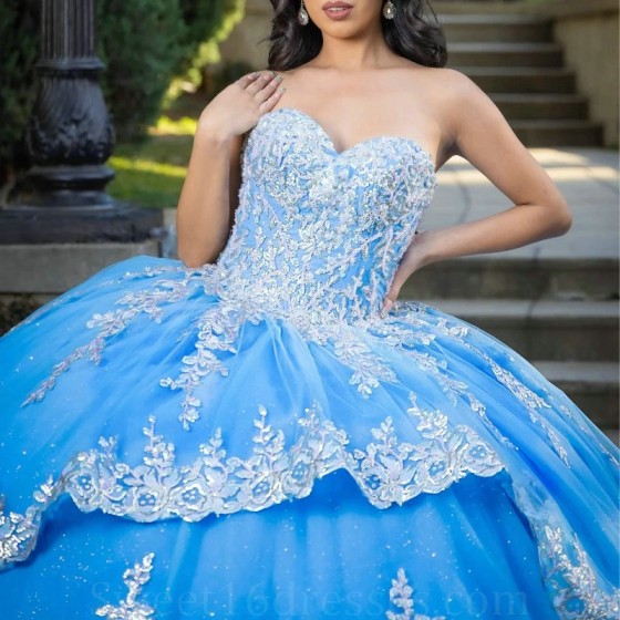 Off Shoulder Sky Blue Princess Quinceanera Dresses Ball Gown Lace Appliques Crystal Tull Birthday Party Sweet 16 Dress Vestidos