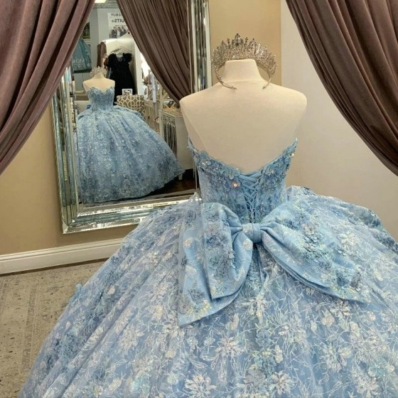 Off Shoulder Sky Blue Quinceanera Dress Prom Dress Floral Applique Princess Dress Lace Bow Beads Sweet 15 Year Old Party Dress