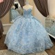 Off Shoulder Sky Blue Quinceanera Dress Prom Dress Floral Applique Princess Dress Lace Bow Beads Sweet 15 Year Old Party Dress