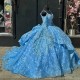 Off Shoulder Sky Blue Shiny Quinceanera Dress Beads Princess Prom Ball Gown Sweet 16 XV Years Old Miss Birthday Vestidos De 15