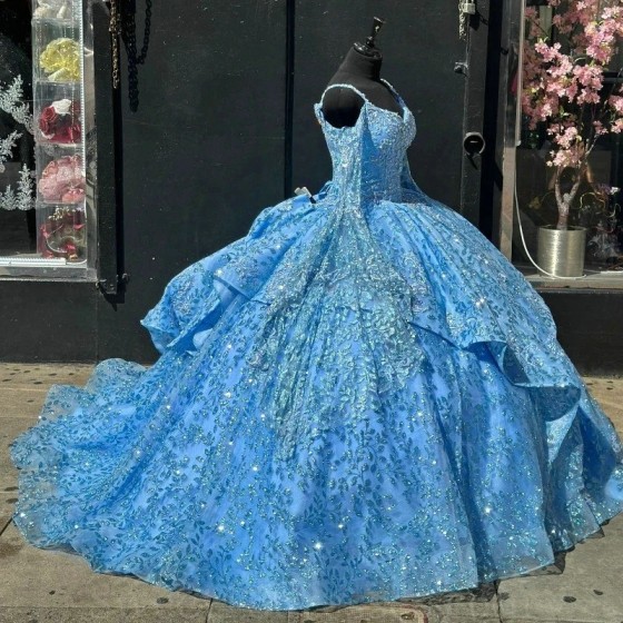 Off Shoulder Sky Blue Shiny Quinceanera Dress Beads Princess Prom Ball Gown Sweet 16 XV Years Old Miss Birthday Vestidos De 15