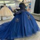 Off Shuolder Navy Blue Shiny Ball Gown Quinceanera Dresses Appliques Lace Beading Luxury Sweet 16 Dress Vestidos De Xv 15 Anos