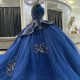 Off Shuolder Navy Blue Shiny Ball Gown Quinceanera Dresses Appliques Lace Beading Luxury Sweet 16 Dress Vestidos De Xv 15 Anos