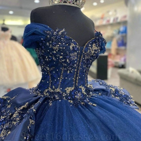 Off Shuolder Navy Blue Shiny Ball Gown Quinceanera Dresses Appliques Lace Beading Luxury Sweet 16 Dress Vestidos De Xv 15 Anos