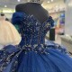 Off Shuolder Navy Blue Shiny Ball Gown Quinceanera Dresses Appliques Lace Beading Luxury Sweet 16 Dress Vestidos De Xv 15 Anos