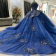 Off Shuolder Navy Blue Shiny Ball Gown Quinceanera Dresses Appliques Lace Beading Luxury Sweet 16 Dress Vestidos De Xv 15 Anos