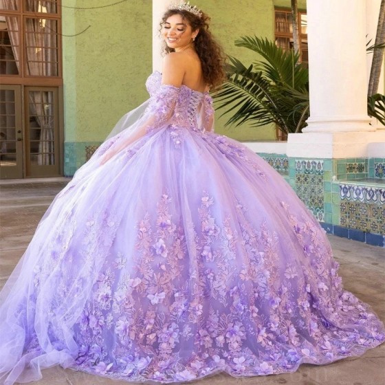 Off The Shoulder 3D Flowers Floral Appliques Lace Lavender Quinceanera Dresses Ball Gown With Cape Corset Vestidos De XV Anos