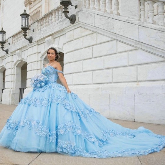 Off The Shoulder Applique 3DFlowers Beads 15 Dress Sky Blue Quinceanera Ball Gown Quince Dresses Princess Formal Occasion Gown