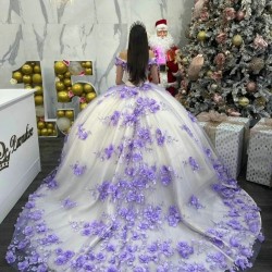 Off The Shoulder Ball Gown Lavender Quinceanera Dresses For Girls Beaded 3D Flowers Birthday Party Gowns Lace Up Back Graduation