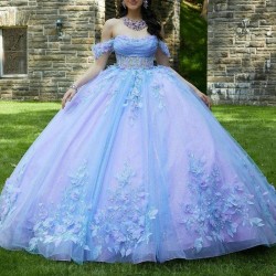 Off The Shoulder Ball Gown Lavender Quinceanera Dresses Sweet 16 Princess Applique Lace Beads Prom Gowns Vestido De 15