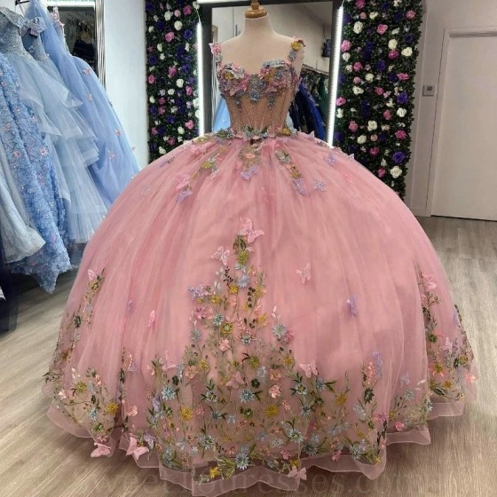 Off The Shoulder Ball Gown Pink Quinceanera Dresses For Girls Beaded Applique Bow Birthday Party Gowns Lace Up Back Sweet