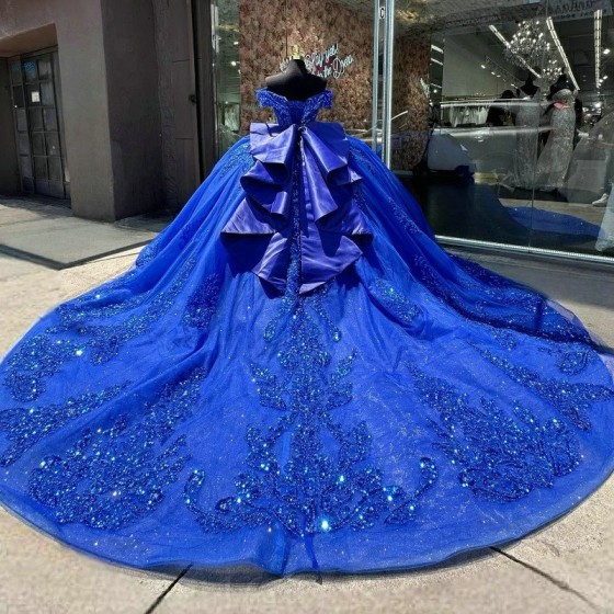 Off The Shoulder Ball Gown Royal Blue Quinceanera Dresses 2024 Beaded Appliques Lace Tull Sweet 16 Birthday Party Gowns Robe 15