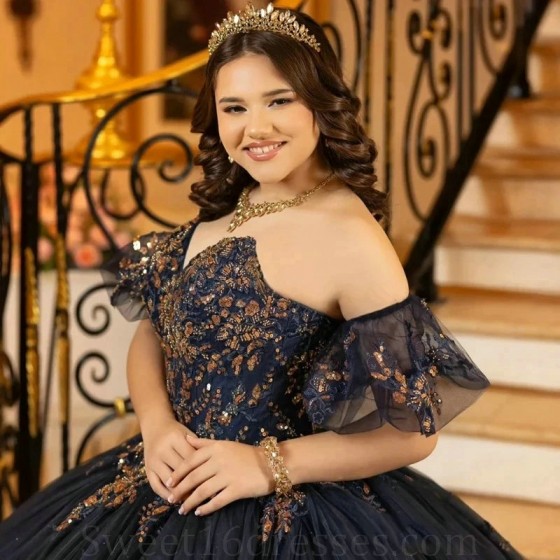 Off The Shoulder Beading Ball Gown Dark Navy Quinceanera Dresses Sequined Appliques Lace Beads Corset Vestidos De 15 Anos