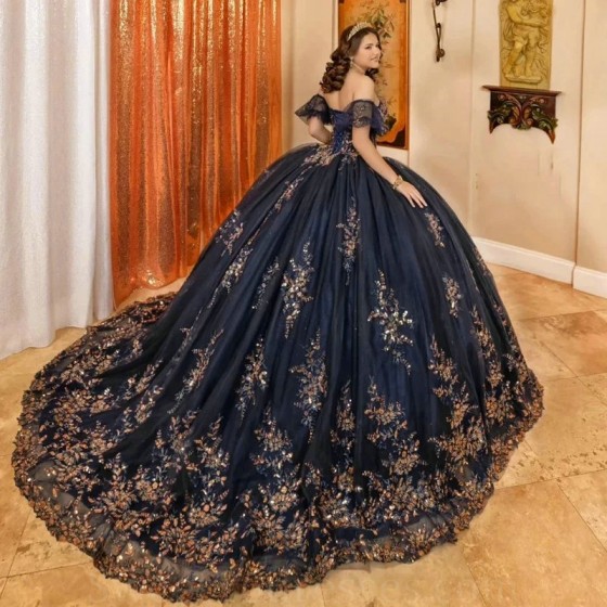 Off The Shoulder Beading Ball Gown Dark Navy Quinceanera Dresses Sequined Appliques Lace Beads Corset Vestidos De 15 Anos