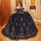 Off The Shoulder Beading Ball Gown Dark Navy Quinceanera Dresses Sequined Appliques Lace Beads Corset Vestidos De 15 Anos