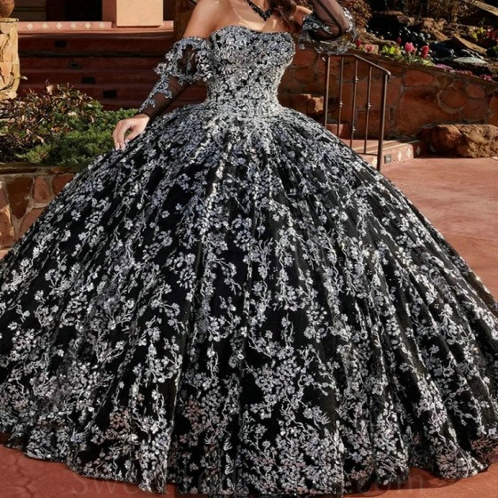 Off The Shoulder Black Quinceanera Dresses Sequins Silvery Beads Tull Princess Luxury Sweet 16 Dress vestidos de 15 anos