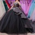 Off The Shoulder Black Shiny Quinceanera Dress Ball Gown Corset Pageant Flowers Lace Sweet 15 Party Vestidos De XV Anos