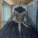 Off The Shoulder Black Shiny Quinceanera Dresses Ball Gown Appliques Lace Beaded Puffy Mexican Sweet 16 Dresses Charro 15 Anos