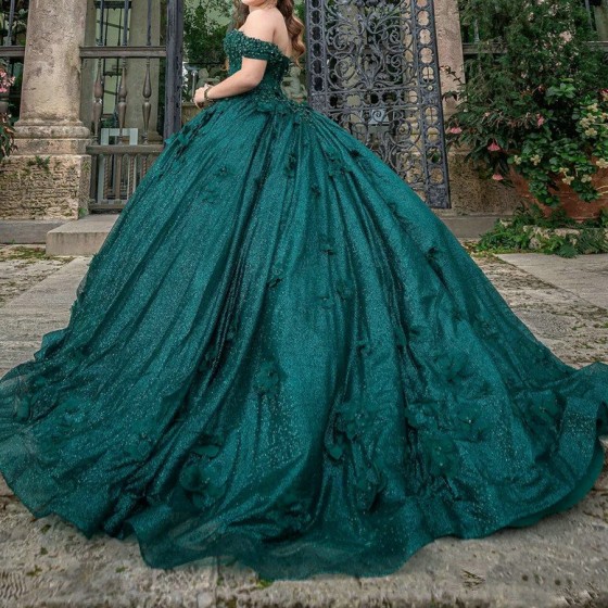 Off The Shoulder Blackish Green Quinceanera Dress Sweet 16 Dress Flower Beaded Crystal Tull Birthday Party Dress vestidos de 15