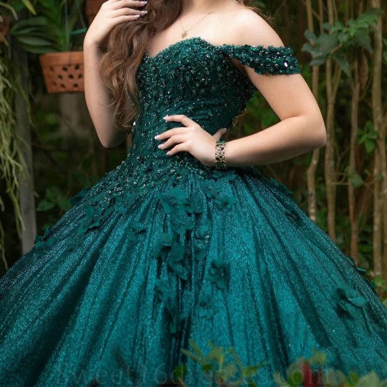 Off The Shoulder Blackish Green Quinceanera Dress Sweet 16 Dress Flower Beaded Crystal Tull Birthday Party Dress vestidos de 15