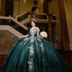 Off The Shoulder Blackish Green Quinceanera Dresses Appliques Lace Beads Ball Gown Birthday Gown Lace-Up Sparkly Sweet 16 Dresse