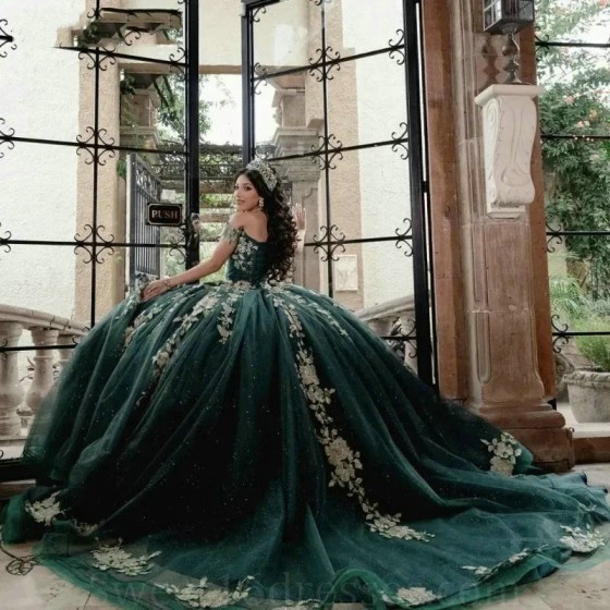 Off The Shoulder Blackish Green Quinceanera Dresses Appliques Lace Beads Ball Gown Birthday Gown Lace-Up Sparkly Sweet 16 Dresse