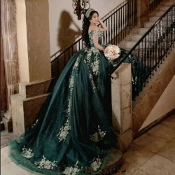 Off The Shoulder Blackish Green Quinceanera Dresses Appliques Lace Beads Ball Gown Birthday Gown Lace-Up Sparkly Sweet 16 Dresse