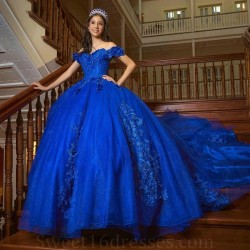 Off The Shoulder Blue Applique Lace 3DFlower Beading Ball Gown Quinceanera Dresses Ruffles Corset Vestidos De 15 Anos