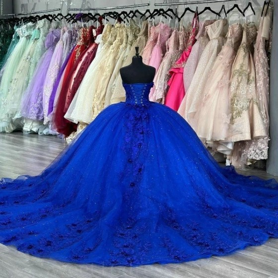 Off The Shoulder Blue Shiny Princess Ball Gown Quinceanera Dresses Appliques Beads 3D Flower Tull Meninas De 15 Anos Sweet 16