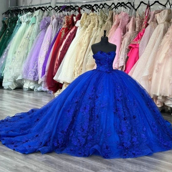 Off The Shoulder Blue Shiny Princess Ball Gown Quinceanera Dresses Appliques Beads 3D Flower Tull Meninas De 15 Anos Sweet 16