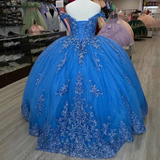 Off The Shoulder Blue Shiny Quinceanera Dresses Ball Gown Birthday Gown Sparkly Applique Lace Lace-Up Sweet 16 Dress vestidos de