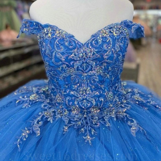 Off The Shoulder Blue Shiny Quinceanera Dresses Ball Gown Birthday Gown Sparkly Applique Lace Lace-Up Sweet 16 Dress vestidos de