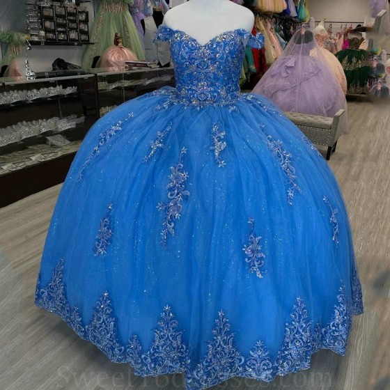 Off The Shoulder Blue Shiny Quinceanera Dresses Ball Gown Birthday Gown Sparkly Applique Lace Lace-Up Sweet 16 Dress vestidos de