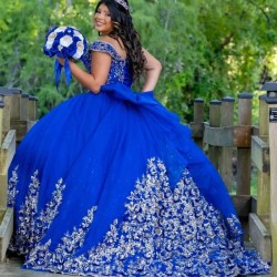 Off The Shoulder Blue Shiny Quinceanera Dresses Ball Gown Corset Crystal Beading Sequined Appliques Lace Vestidos De 15 Anos