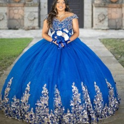 Off The Shoulder Blue Shiny Quinceanera Dresses Ball Gown Corset Crystal Beading Sequined Appliques Lace Vestidos De 15 Anos